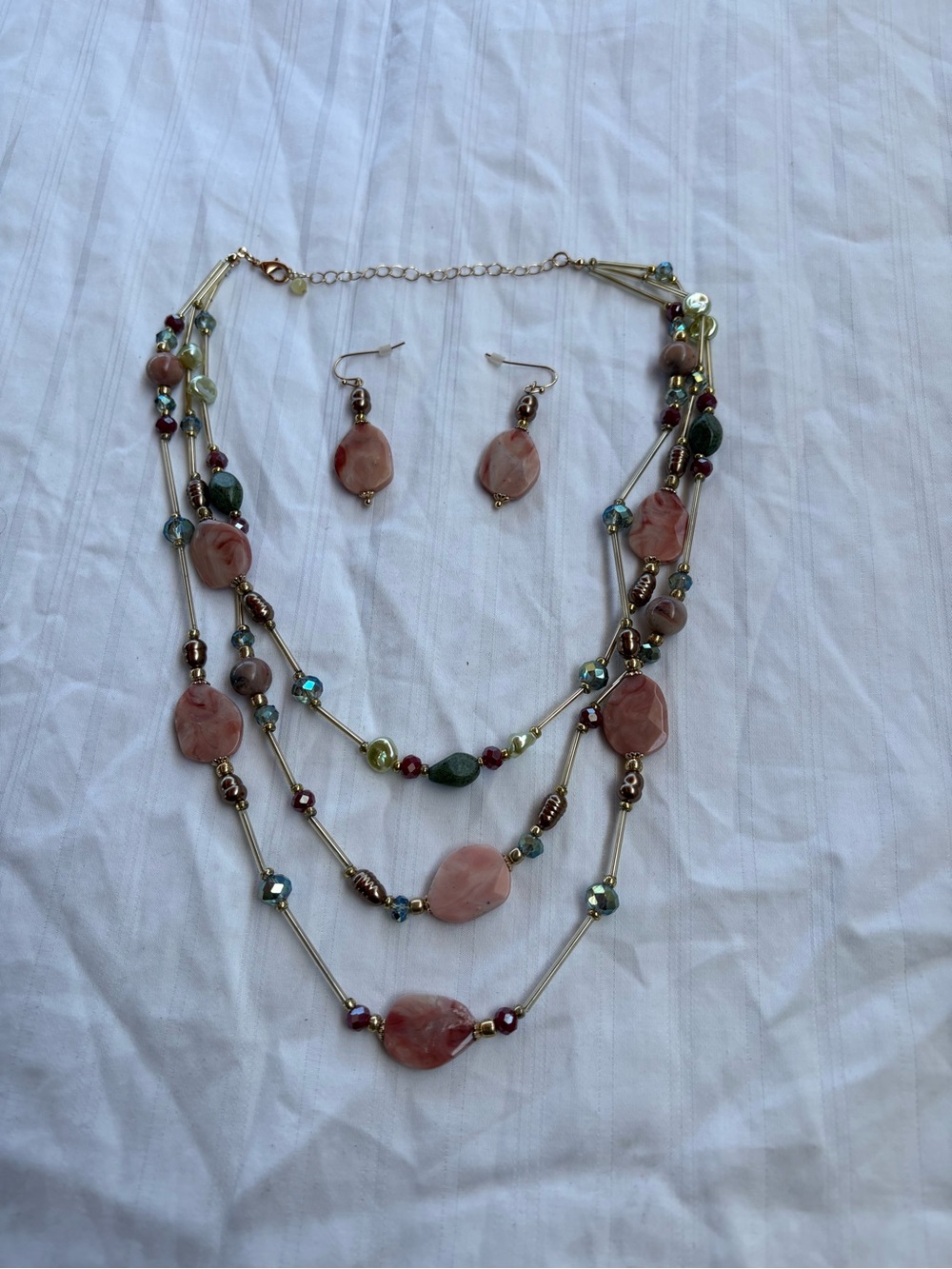 Avon Pink Multi-Strand Beaded Necklace and Earrings